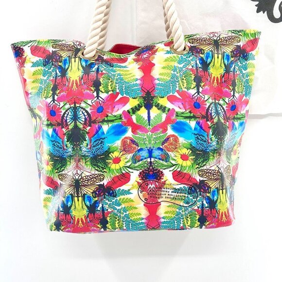 CHRISTIAN LACROIX REVERSIBLE PINK FLORAL DRAGONFLY TOTE W/ DUST BAG - Picture 6 of 11